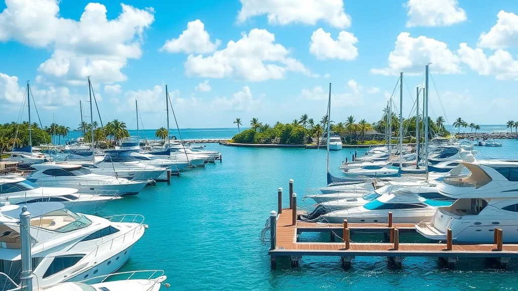Yachts moored at a marina under a bright sky
