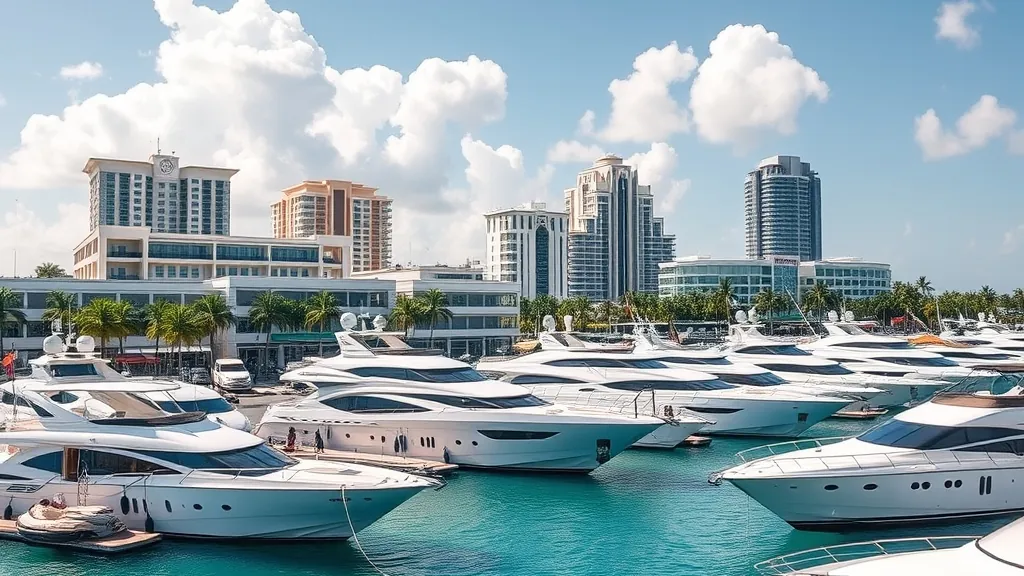 Luxury yachts at a Miami Beach marina under a turquoise sky