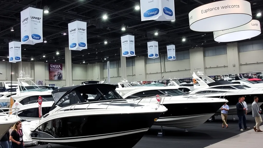New powerboats under bright lights inside a convention center boat show