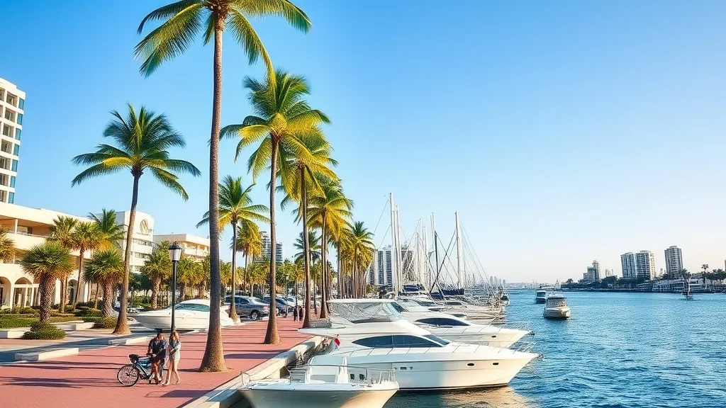 Yachts along a downtown waterfront lined with palm trees