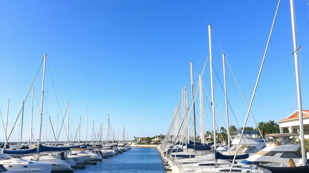 Sailboats and powerboats along a sunny Gulf Coast waterfront