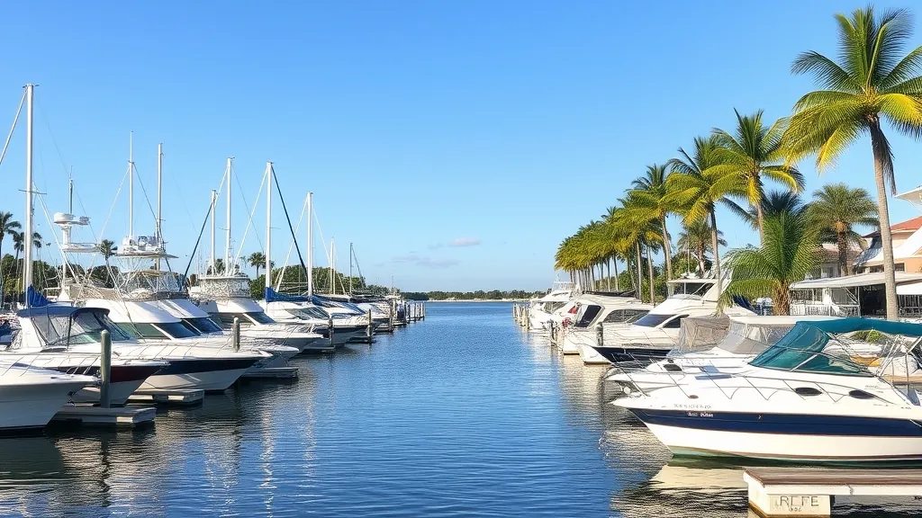 Boats along a riverfront marina lined with palm trees