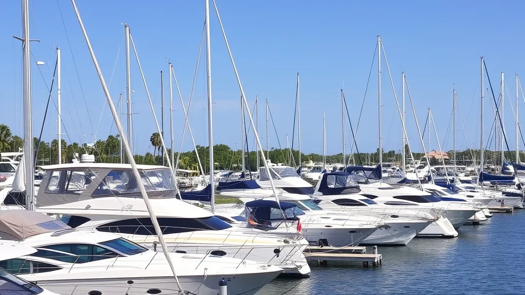 Motor yachts and sailboats at a sunny bayfront marina