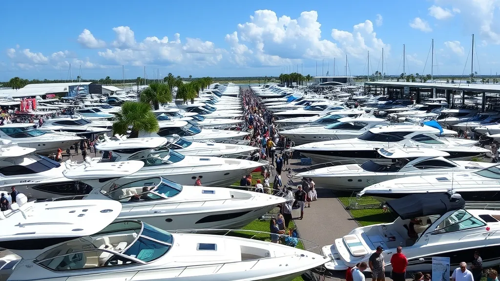 New powerboats on display at an outdoor Florida boat show